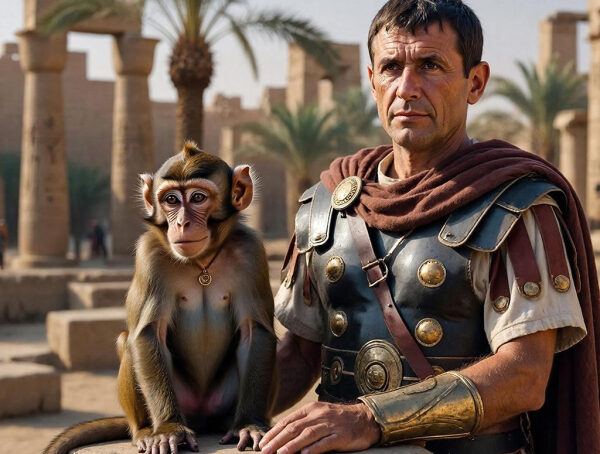 Римский солдат и обезьяна в древнем храме на фоне колонн и пальм.