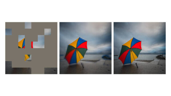 Яркий зонт на пляже под облачным небом, три стадии размытия.