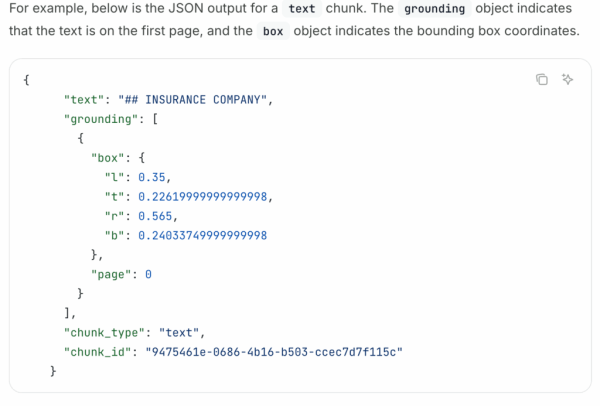 Пример выходных данных ADE JSON, демонстрирующий извлечение текста с координатами ограничивающей рамки для визуального закрепления.