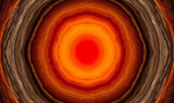 Абстрактное изображение с концентрическими красно-оранжевыми кругами, напоминающими разрез дерева.