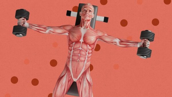 Тренировка с гантелями, акцент на анатомии мышц, оранжевый фон.