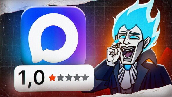 Иконка приложения с низкой оценкой и смеющимся персонажем.