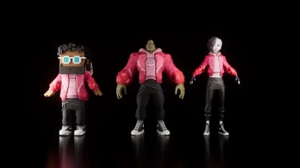 Три цифровые фигуры в красных куртках на черном фоне, каждая с уникальным стилем.