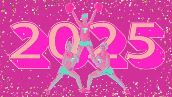 Чирлидеры на фоне цифр 2025, розовый фон с блестками.