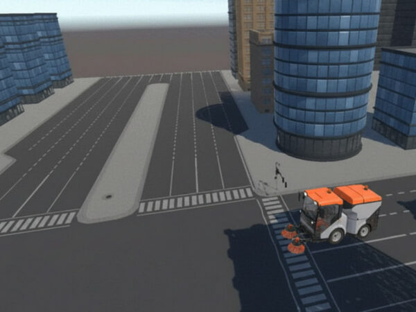 Уборочная машина на пустой городской улице с высокими стеклянными зданиями.