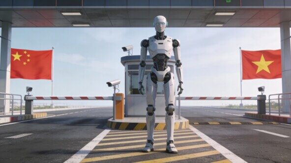 Робот на пропускном пункте между флагами Китая и Вьетнама.