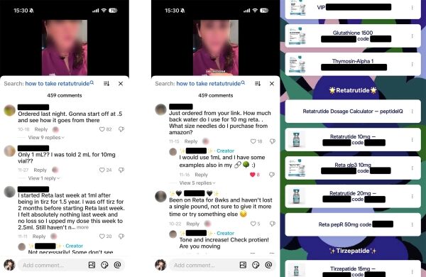 Скриншоты раздела комментариев к видео блогера, специализирующегося на GLP-1, в котором он спрашивает, где можно приобрести ретатрутид, экспериментальный препарат, одобренный GLP, а также ссылка на Linktree этого блогера.