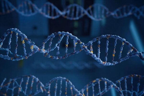 3D-рендеринг двойной спирали ДНК на синем фоне для научных исследований.