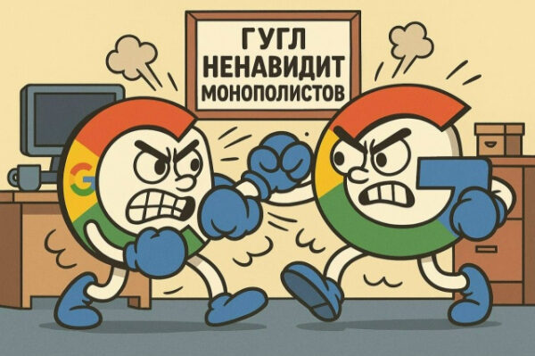 Два персонажа с логотипом Google дерутся, постер "Гугл ненавидит монополистов".