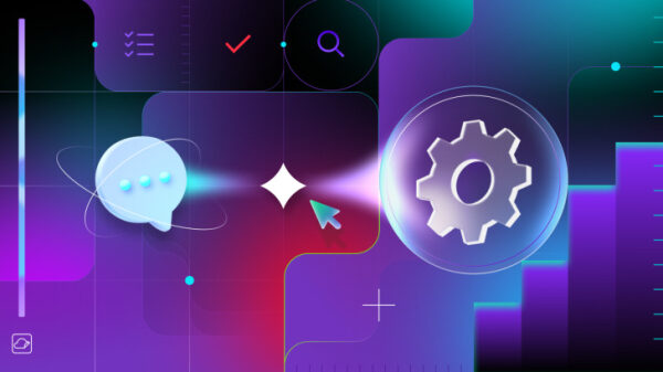 Абстрактное изображение с иконками чата и шестерни на фиолетово-синем фоне.