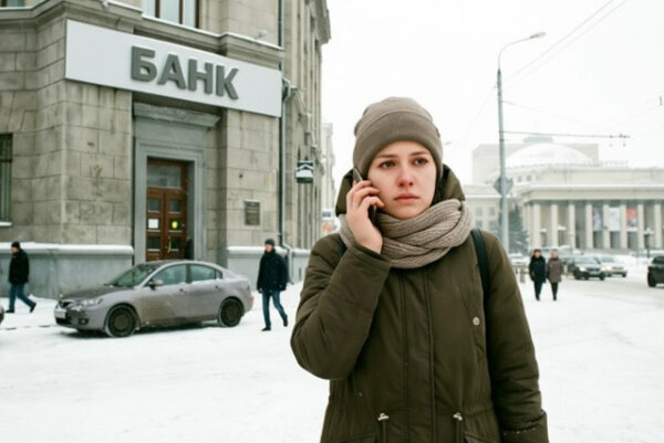 Женщина на улице зимой перед банком говорит по телефону.