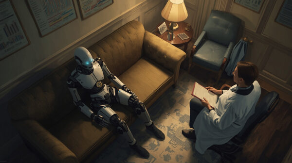 Робот на приёме у врача в кабинете, робот сидит на диване, врач с блокнотом.