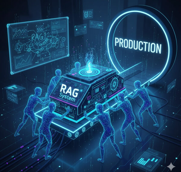 Цифровой рендер: люди работают с системой RAG, производство.