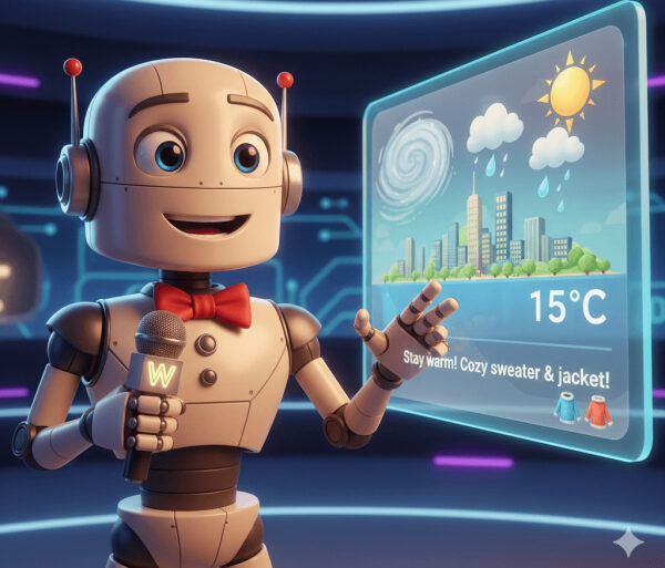 Робот рассказывает о прогнозе погоды, температура 15°C, облачно с дождем.