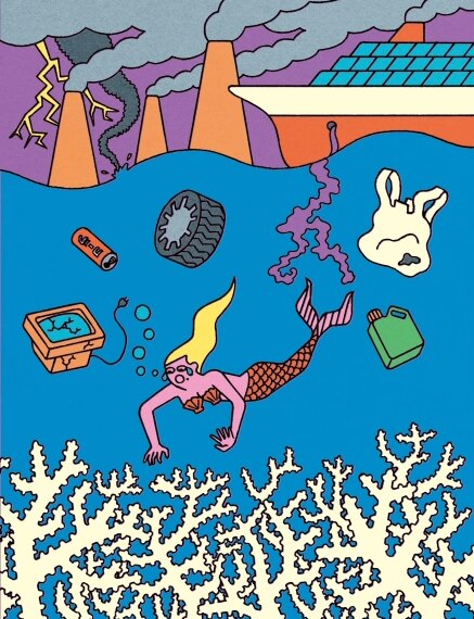 Русалка плывёт среди мусора под водой на фоне загрязнения и промышленных труб.