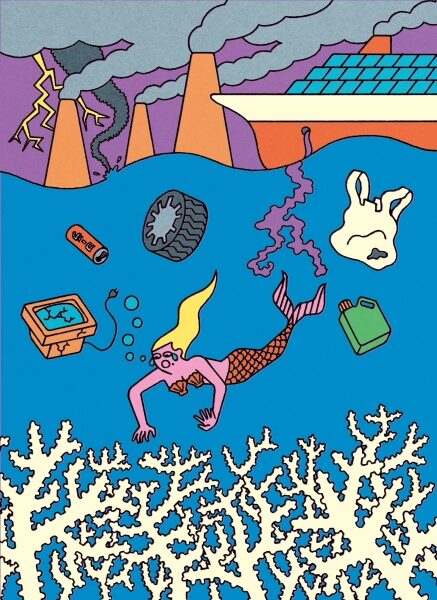 Русалка плывёт среди мусора под водой на фоне загрязнения и промышленных труб.