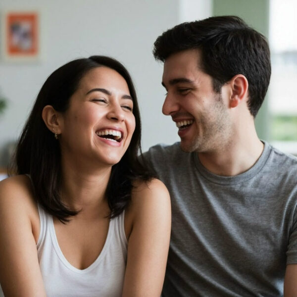 Пара смеётся и смотрит друг на друга в уютной домашней обстановке.