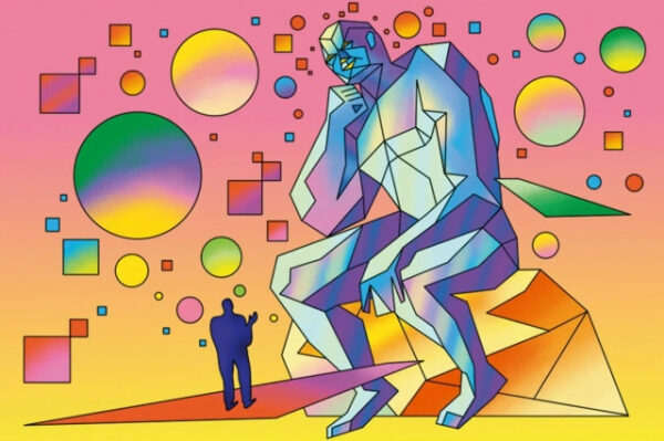 Абстрактная фигура размышляет среди разноцветных геометрических форм на фоне.