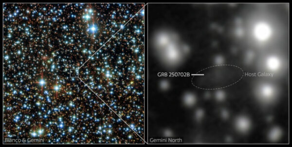 Телескопическое изображение звездного скопления и гамма-всплеска GRB 250702B в родной галактике.