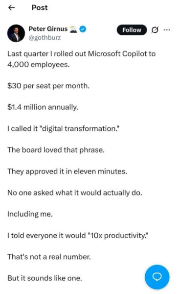Пост о внедрении Microsoft Copilot, затраты $1,4 млн в год, обещание 10-кратной продуктивности.