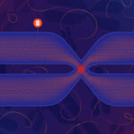 Абстрактное изображение с сине-красным узором и разноцветными элементами на фоне.