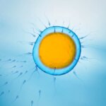 Сперматозоиды вокруг яйцеклетки, концепция оплодотворения, микроскопическое изображение.