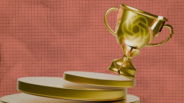 Золотой кубок с трещинами на пьедестале, фон красная сетка.