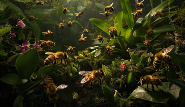 Пчёлы опыляют цветы в тропическом лесу, окружённые зеленью и яркими растениями.