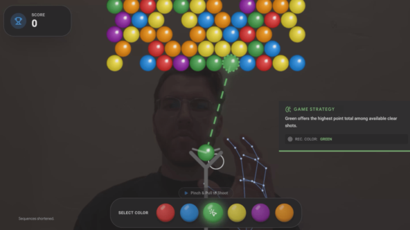 Игра с пузырями: выбор цвета для стрельбы. Игрок выбирает стратегию для большего счета.