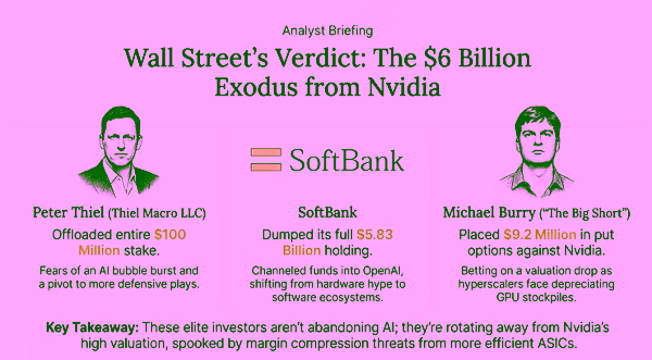 Уолл-стрит — исход Nvidia за 6 миллиардов долларов. Питер Тиль, SoftBank, Майкл Берри — продал. Опасения по поводу пузыря ИИ. Брифинг аналитика, ключевой вывод учтен.