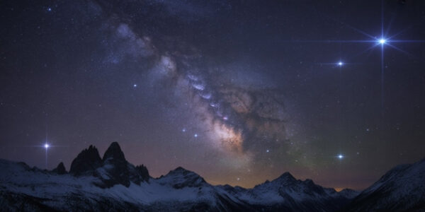 Звёздное небо над снежными горами, Млечный Путь ярко светит на фоне ясного ночного неба.