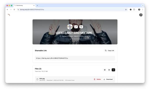 Скриншот сайта с музыкой "LEFTO EARLY BIRD MIXTAPE", ссылка для скачивания файлов.