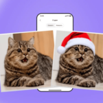 Два фото кота: обычный и в шапке Санты, на фоне смартфона, пурпурный фон.
