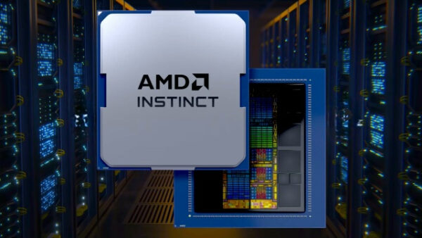 Чип AMD Instinct на фоне сервера, технология для обработки данных и искусственного интеллекта.