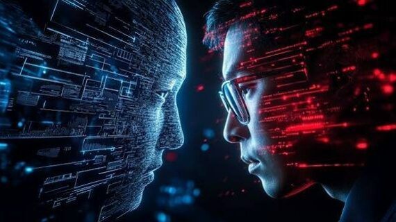 Человек в очках смотрит на цифровую голову с технологическими элементами.