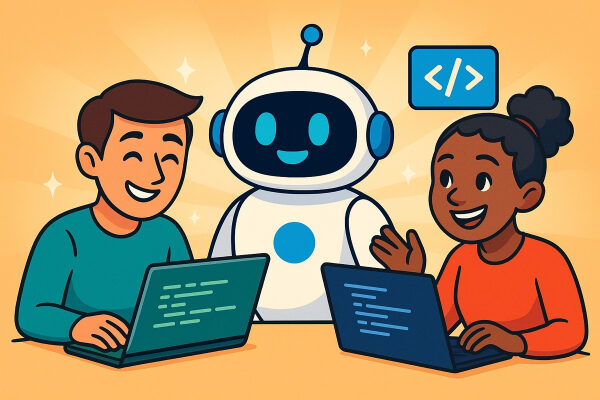 Люди и робот программируют на ноутбуках, обсуждая код.