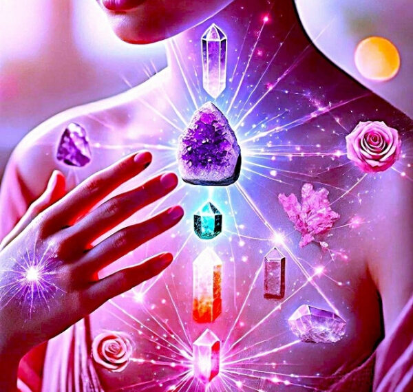 Женская шея с кристаллами, цветами и светящимися узорами на фоне фиолетового сияния.