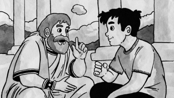 Философ беседует с молодым человеком в античных декорациях с колоннами.