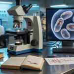 Лаборатория: микроскоп, монитор с бактериями, ученый и книги на столе.