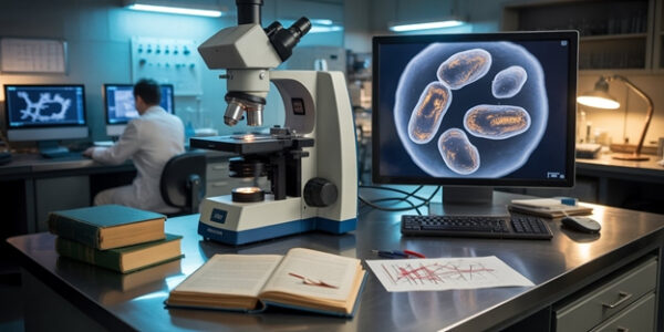 Лаборатория: микроскоп, монитор с бактериями, ученый и книги на столе.
