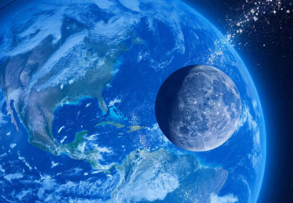 Земля и Луна в космосе, вид из космоса, спутники и мир.