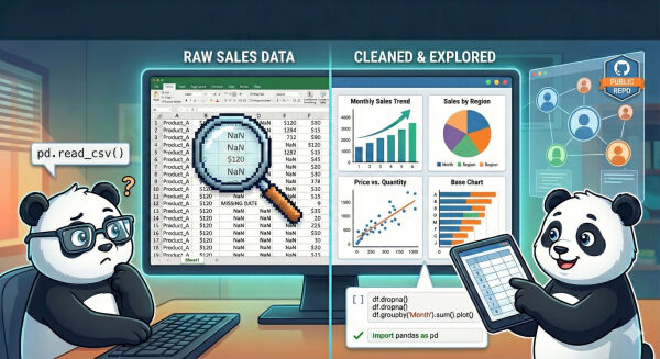 Панды анализируют и очищают данные продаж с помощью Python и Pandas.