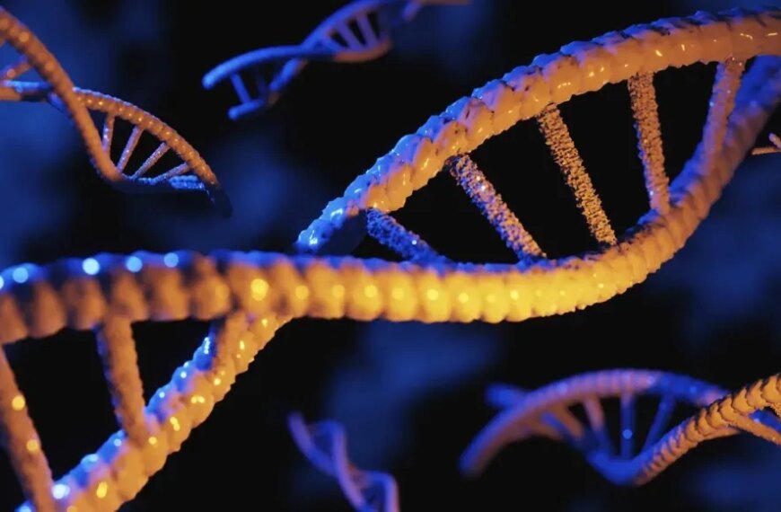 3D-изображение молекулы ДНК на синем фоне, символизирующее генетику и биологию.