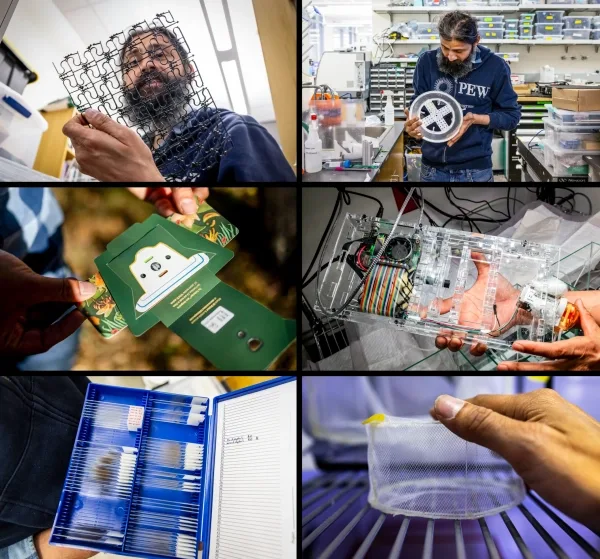 Схема, по часовой стрелке сверху слева: Пракаш держит напечатанный на 3D-принтере лист изогнутого пластика; Пракаш держит белое круглое колесо со сложными вырезами; прозрачный пластиковый футляр с маленькой линзой и цветными проволоками; сетчатый цилиндр; футляр со стеклянными предметными стеклами; кусок сложенного картона размером с человеческую ладонь с маленькой линзой и прорезью для предметного стекла.