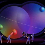 Абстрактное изображение людей с телескопами и планетами в космическом стиле.