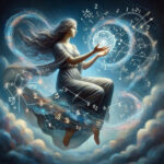 Женщина в облаках держит светящийся шар, окруженный математическими формулами и цифрами.