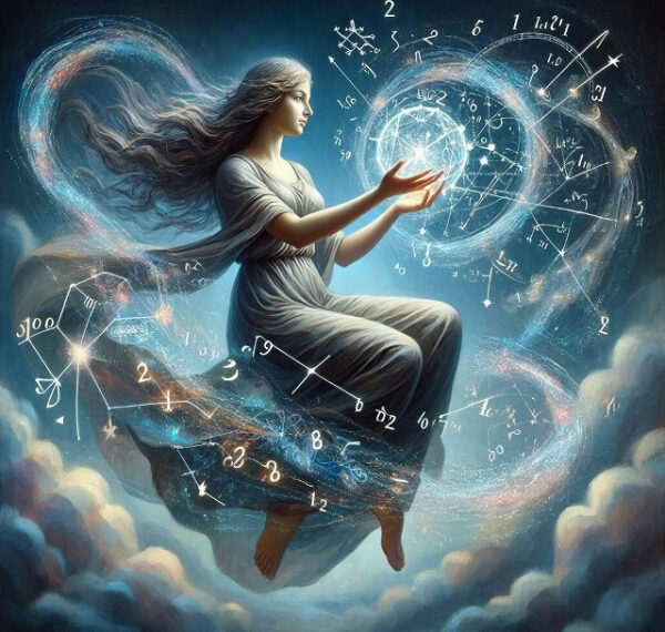 Женщина в облаках держит светящийся шар, окруженный математическими формулами и цифрами.