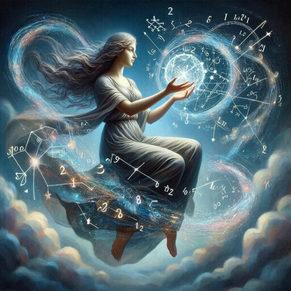 Эпистемология математики: Тождество М = Ф + Н 6 Женщина в облаках держит светящийся шар, окруженный математическими формулами и цифрами.