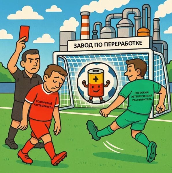 Химики предложили высокоэффективный экстрагент для извлечения ценных металлов из аккумуляторов 2 Футбольный матч, переработка отходов, завод, токсичный и нетоксичный растворители.