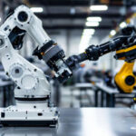 Промышленные роботы на заводе, автоматизация производства, высокие технологии.